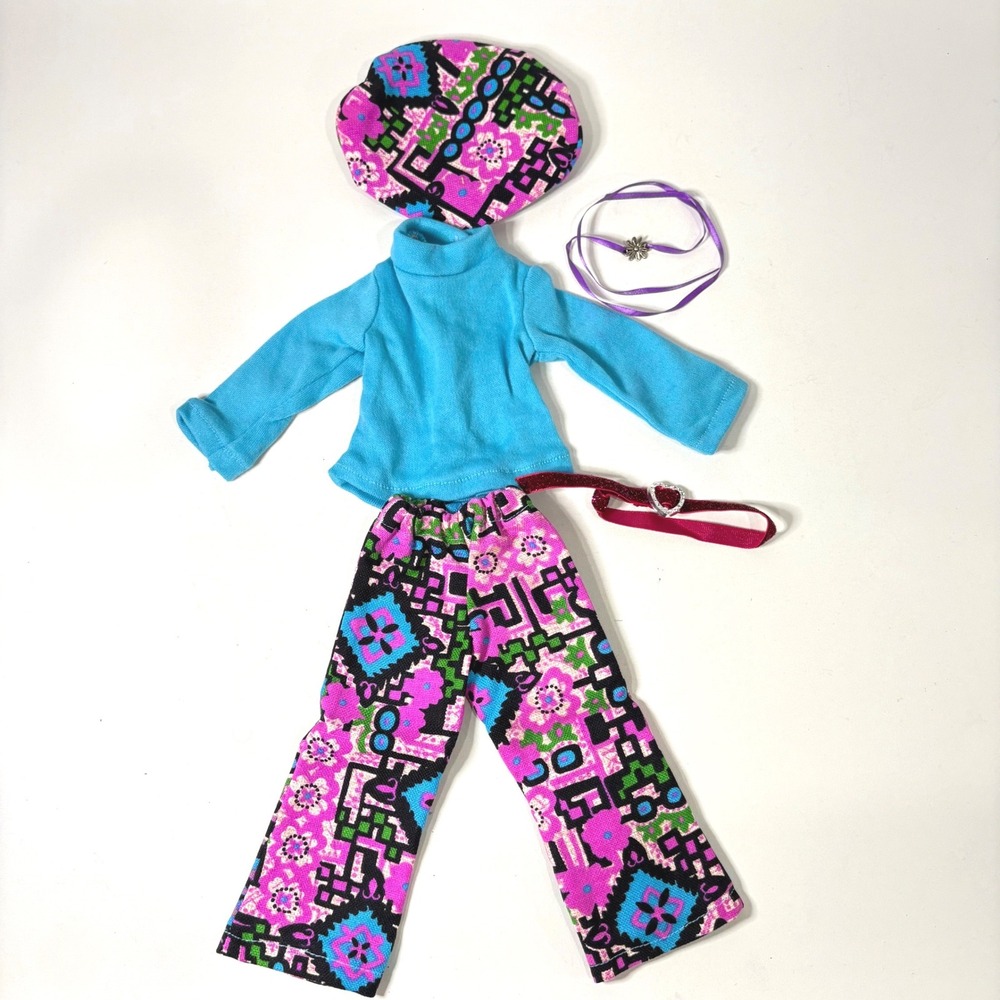 Handmade 14 in Doll Clothes Set Blue Turtleneck Floral Pants Hat Heart Belt 5pc